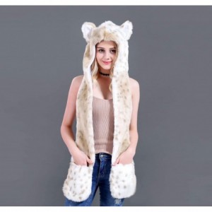 Bomber Hats Animal Hood Faux Fur Hat with Scarfs Mittens Ears and Paws 3 in 1 Soft Warm Winter Headwear - Snow Leopard - C918...