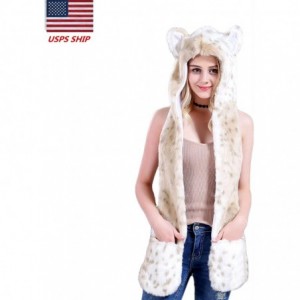 Bomber Hats Animal Hood Faux Fur Hat with Scarfs Mittens Ears and Paws 3 in 1 Soft Warm Winter Headwear - Snow Leopard - C918...