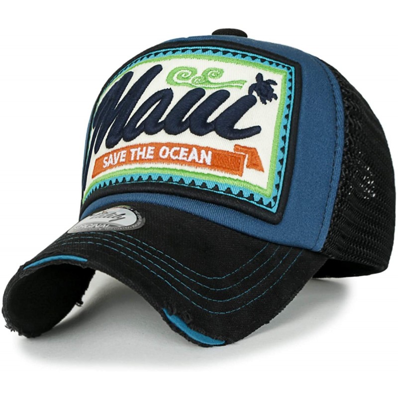 Baseball Caps Maui Embroidery Patch Casual Mesh Baseball Cap Distressed Trucker Hat - Blue Green - CZ196WMREDR $45.16