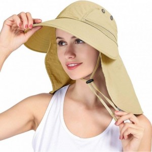Sun Hats Womens Ponytail Summer Sun UV Protection Wide Brim Beach Fishing Hat with Neck Flap - Khaki - CH1949ZIS2L $25.32