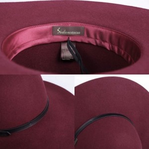 Fedoras Wide Brimmed 100% Wool Felt Floppy Hat Vintage Women Warm Trilby Hats - Burgundy - CH18YLRXGUU $43.05