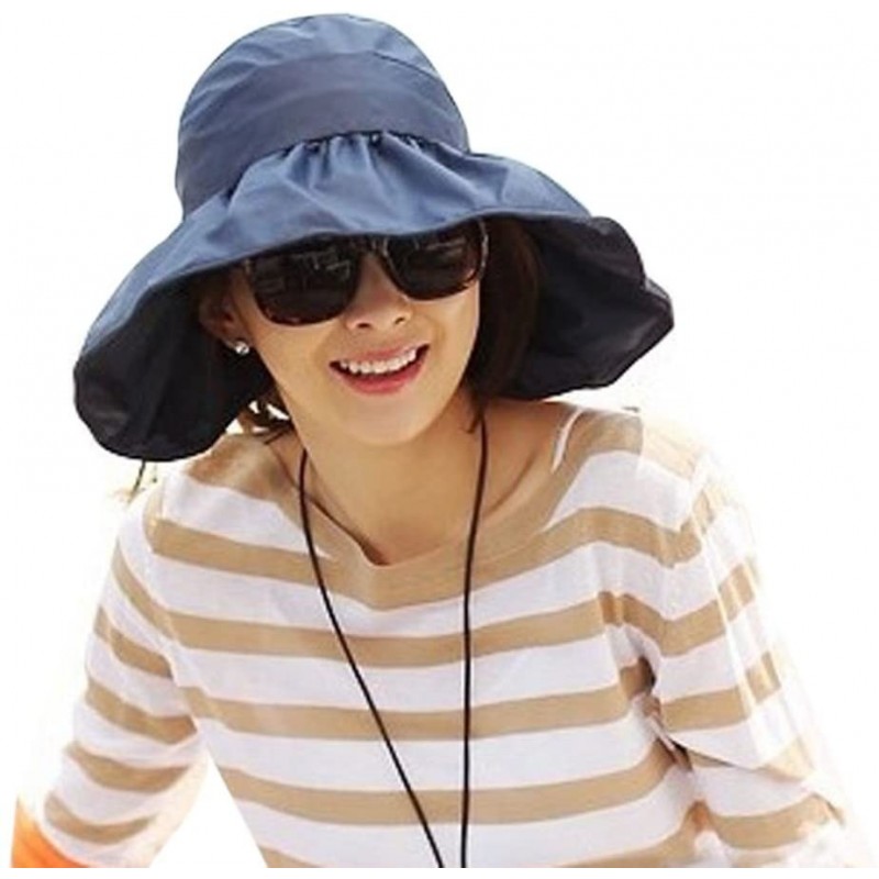 Skullies & Beanies Summer Collapsible Large Wide Brimmed Sun Hat Anti-UV Hat Sun Beach Empty Hat - Navy Blue - CR18D2H39DX $2...