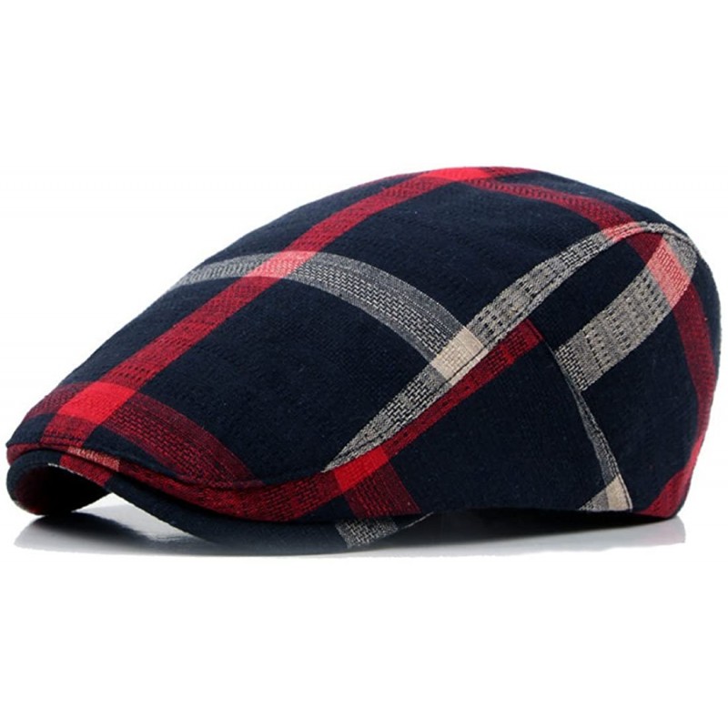 Newsboy Caps Classic Plaid Cotton Flat British Cap Newsboy Cabbie Golf Gatsby Caps Adjustable Visor Beret - Navy Blue - C4180...