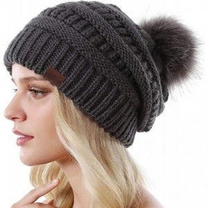 Skullies & Beanies Womens Winter Knit Slouchy Beanie Hat Warm Skull Ski Cap Faux Fur Pom Pom Hats for Women - Dark Grey - CZ1...