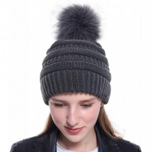 Skullies & Beanies Womens Winter Knit Slouchy Beanie Hat Warm Skull Ski Cap Faux Fur Pom Pom Hats for Women - Dark Grey - CZ1...