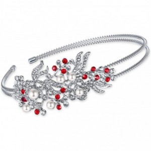 Headbands Austrian Crystal Cream Simulated Pearl Flower Leaf Hair Head Band Silver-Tone - Red - CJ1224JT7JB $19.82