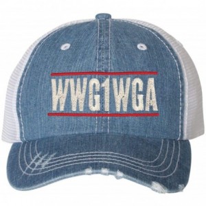 Baseball Caps Adult Where We Go One We Go All Embroidered Distressed Trucker Cap - Blue Denim/ White - CC18HUCG59Q $27.43