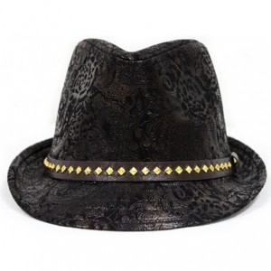 Fedoras Paisley PU Leather Fedora Short Upturn Brim Hat Cap Cuban FFH247BRN - Black - C412O6NP4TD $19.43