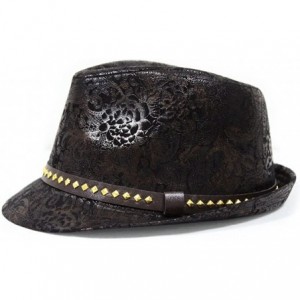 Fedoras Paisley PU Leather Fedora Short Upturn Brim Hat Cap Cuban FFH247BRN - Black - C412O6NP4TD $19.43