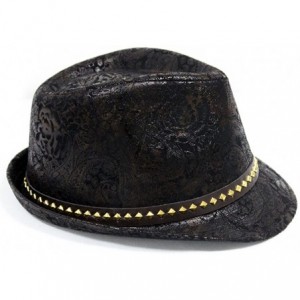 Fedoras Paisley PU Leather Fedora Short Upturn Brim Hat Cap Cuban FFH247BRN - Black - C412O6NP4TD $19.43