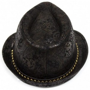 Fedoras Paisley PU Leather Fedora Short Upturn Brim Hat Cap Cuban FFH247BRN - Black - C412O6NP4TD $19.43