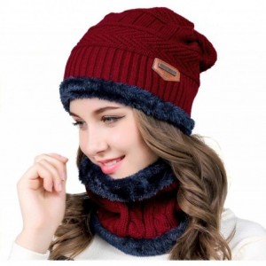 Skullies & Beanies Knitted Hat and Scarf Set- Winter Fleece Lining Wool Beanie Hat Neck Warmers for Men Women - Red - CU18KQA...