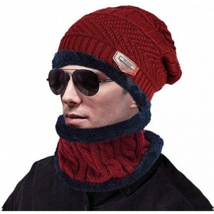 Skullies & Beanies Knitted Hat and Scarf Set- Winter Fleece Lining Wool Beanie Hat Neck Warmers for Men Women - Red - CU18KQA...