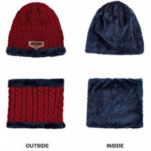 Skullies & Beanies Knitted Hat and Scarf Set- Winter Fleece Lining Wool Beanie Hat Neck Warmers for Men Women - Red - CU18KQA...