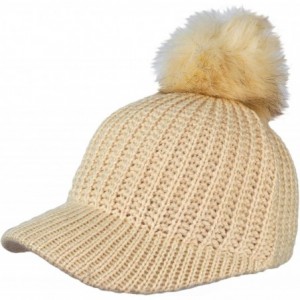 Baseball Caps Ribbed Knit Baseball Cap Hat w/Removable Faux Fur Pom Pom- Adjustable - Oatmeal - CE18I86NEKC $18.90
