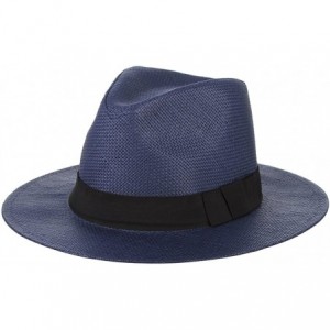 Fedoras Fedora Panama Hat Black Banded Wide Brim Summer Straw Cap - Navy Blue - CO18D6GG5IY $18.44