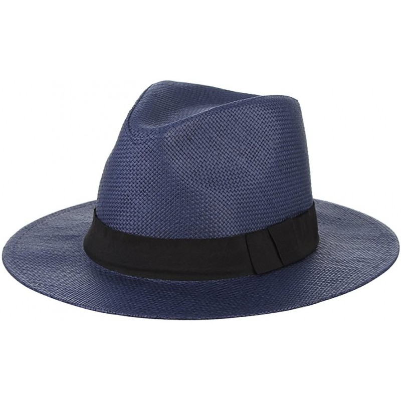 Fedoras Fedora Panama Hat Black Banded Wide Brim Summer Straw Cap - Navy Blue - CO18D6GG5IY $18.44