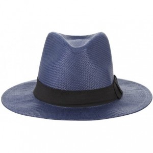 Fedoras Fedora Panama Hat Black Banded Wide Brim Summer Straw Cap - Navy Blue - CO18D6GG5IY $18.44