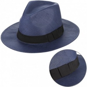 Fedoras Fedora Panama Hat Black Banded Wide Brim Summer Straw Cap - Navy Blue - CO18D6GG5IY $18.44