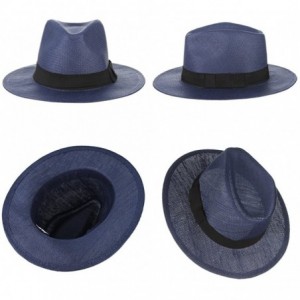 Fedoras Fedora Panama Hat Black Banded Wide Brim Summer Straw Cap - Navy Blue - CO18D6GG5IY $18.44