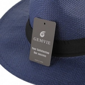 Fedoras Fedora Panama Hat Black Banded Wide Brim Summer Straw Cap - Navy Blue - CO18D6GG5IY $18.44