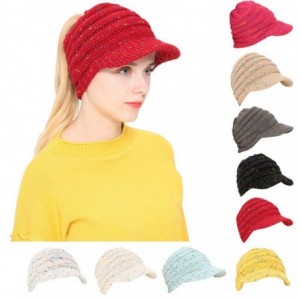 Skullies & Beanies Women's Warm Cable Knitted Messy High Bun Visor Hat Beanie for Pony Tail Skull Cap (Watermelon Red) - CC18...