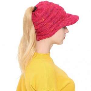 Skullies & Beanies Women's Warm Cable Knitted Messy High Bun Visor Hat Beanie for Pony Tail Skull Cap (Watermelon Red) - CC18...