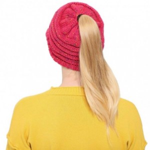 Skullies & Beanies Women's Warm Cable Knitted Messy High Bun Visor Hat Beanie for Pony Tail Skull Cap (Watermelon Red) - CC18...