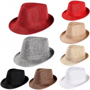 Fedoras Men's Fedoras- Straw Fedora Panama Sun Summer Beach Hat Cuban Trilby Men Women (Black) - Black - C418UIO4EGK $8.58