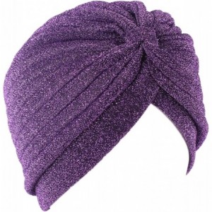 Sun Hats Shiny Turban Hat Headwraps Twist Pleated Hair Wrap Stretch Turban - Purple Paillette - CS198H9AHIG $19.72