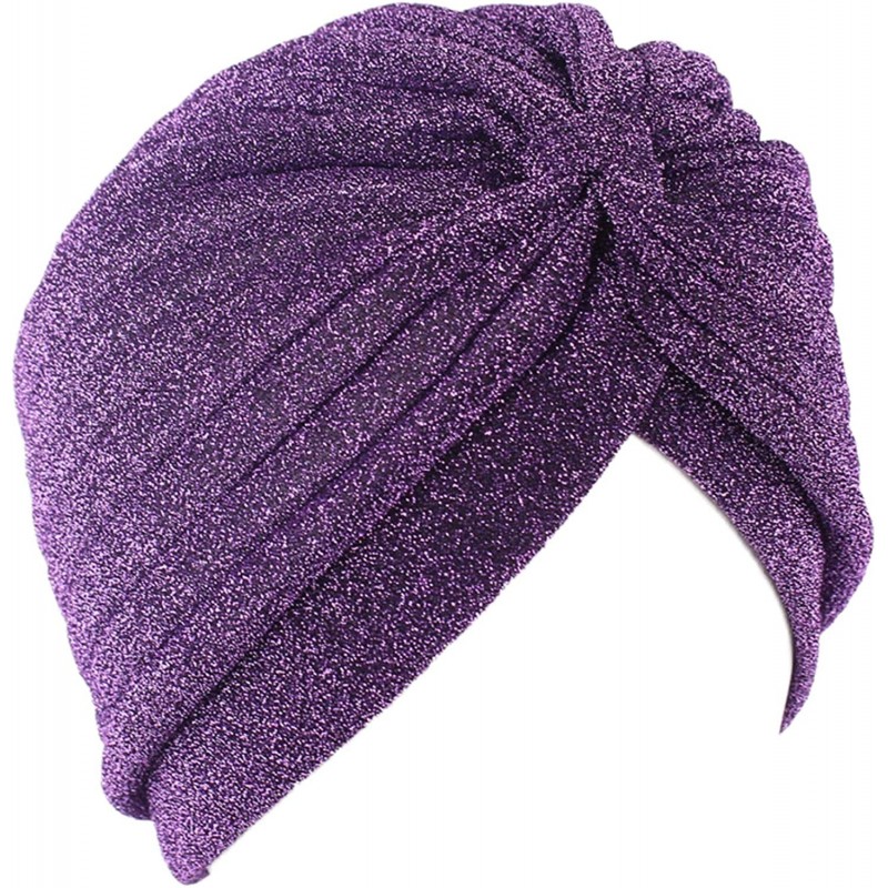 Sun Hats Shiny Turban Hat Headwraps Twist Pleated Hair Wrap Stretch Turban - Purple Paillette - CS198H9AHIG $8.90