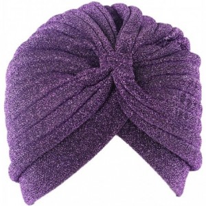 Sun Hats Shiny Turban Hat Headwraps Twist Pleated Hair Wrap Stretch Turban - Purple Paillette - CS198H9AHIG $8.90