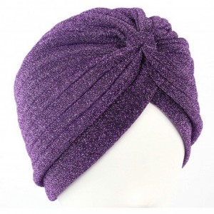 Sun Hats Shiny Turban Hat Headwraps Twist Pleated Hair Wrap Stretch Turban - Purple Paillette - CS198H9AHIG $8.90