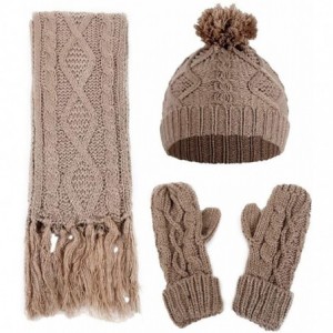Skullies & Beanies Caps-Scarf-Gloves Suit Women Crochet Hat Fur Woolen Knit Thick Cable Knitted Three-Piece Set (Khaki) - CH1...