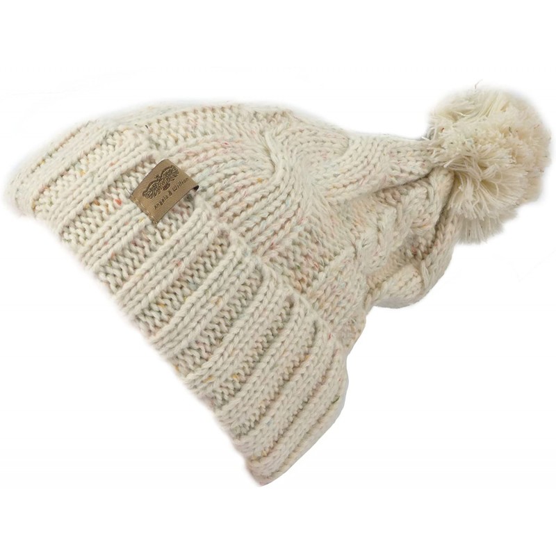 Skullies & Beanies Fleece Lined Warm Knitted Slouchy Pom Pom Cable Beanie Cap Hat - Confetti Cream - C91875L7SX8 $9.65