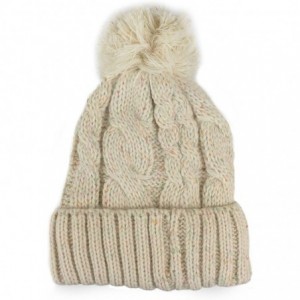 Skullies & Beanies Fleece Lined Warm Knitted Slouchy Pom Pom Cable Beanie Cap Hat - Confetti Cream - C91875L7SX8 $9.65