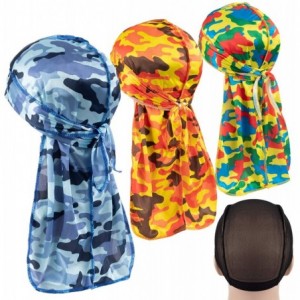 Skullies & Beanies 3PCS Silky Durags Pack for Men Waves- Satin Headwrap Long Tail Doo Rag- Award 1 Wave Cap - Camouflage2 - C...