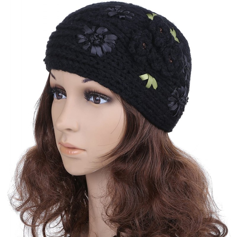 Headbands Women's Crochet Knitted Winter Headband with 3D Faux Pearl Flowers 1 - Black - CB1878Q6WSZ $12.14