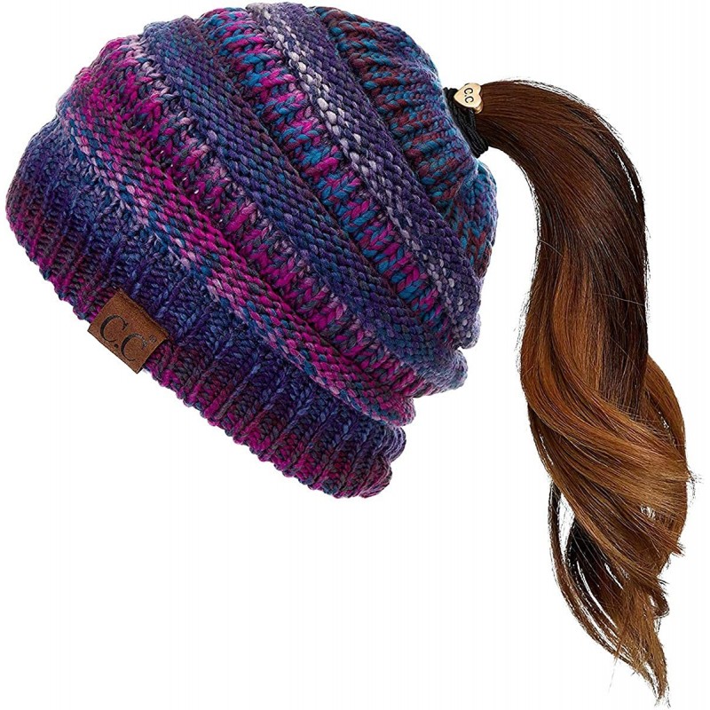 Skullies & Beanies Beanie Ponytail Beanie Messy bun Beanie Soft Warm Cable Winter Chunky Skull Cap - Purple Mix - CF192HHYC72...