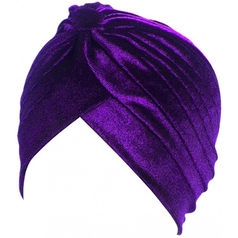 Skullies & Beanies Pleated Stretch Ruffle Women's Velvet Chemo Turban Hat Wrap Cover - Dark Purple - CK1926557W0 $12.92