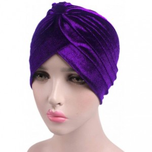 Skullies & Beanies Pleated Stretch Ruffle Women's Velvet Chemo Turban Hat Wrap Cover - Dark Purple - CK1926557W0 $12.92