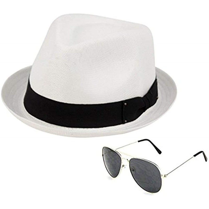 Sun Hats Men's Summer Lightweight Linen Fedora Hat with Aviator Sunglasses - White 62 - CH18DUCT0CT $14.39