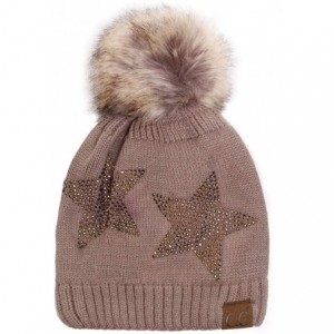 Skullies & Beanies Women Faux Fur Pom Pom Rhinestone Stars Soft Skull Cap Beanie - Taupe - CP18HZ2YKXI $18.72