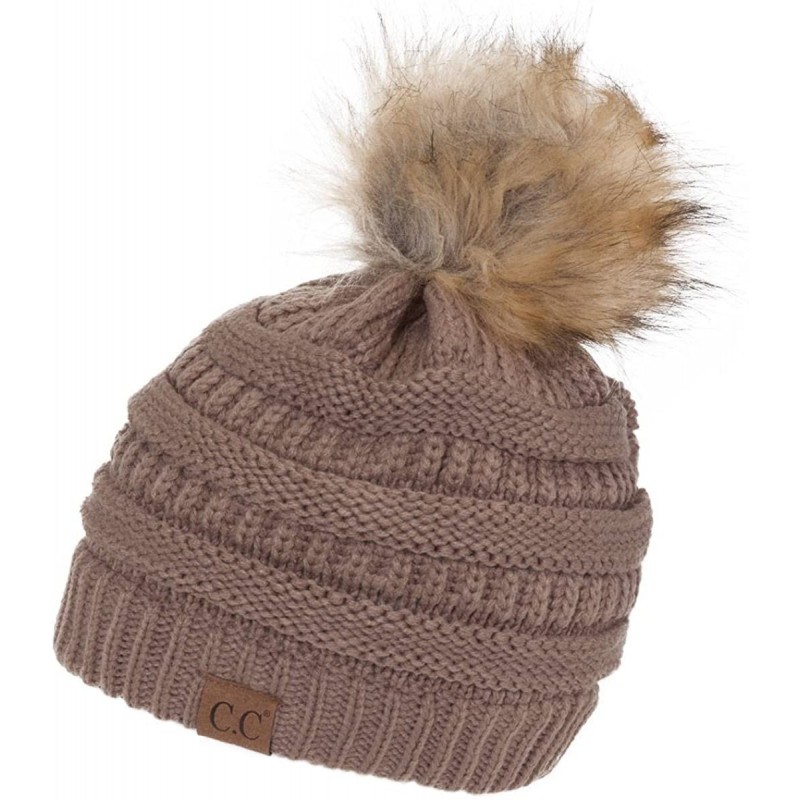 Skullies & Beanies Cable Knit Faux Fur Pom Pom Beanie Hat - Taupe - CG12M1RBWX5 $15.20