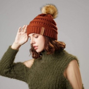 Skullies & Beanies Women's Winter Hat Slouchy Beanie Knit Watch Cap Faux Fur Pom Pom Hat Crochet Hats for Women - Orange - C1...