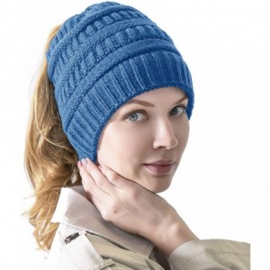 Skullies & Beanies Women's Knitted Messy Bun Hat Ponytail Beanie Baggy Chunky Stretch Slouchy Winter - Sky Blue - CZ18YTI4HQA...
