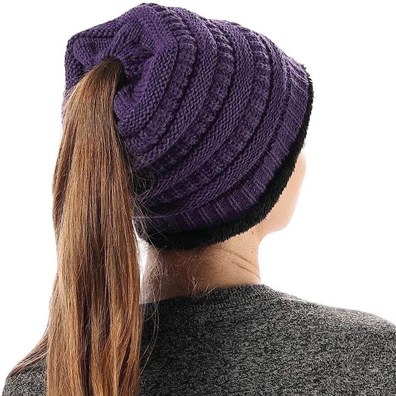 Skullies & Beanies Womens Ponytail Beanie Hats Warm Fuzzy Lined Soft Stretch Cable Knit Messy High Bun Cap - Purple - CK18IOY...