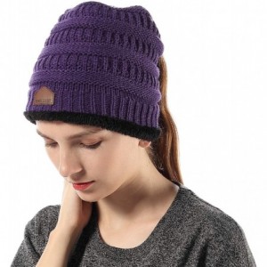 Skullies & Beanies Womens Ponytail Beanie Hats Warm Fuzzy Lined Soft Stretch Cable Knit Messy High Bun Cap - Purple - CK18IOY...