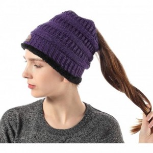 Skullies & Beanies Womens Ponytail Beanie Hats Warm Fuzzy Lined Soft Stretch Cable Knit Messy High Bun Cap - Purple - CK18IOY...