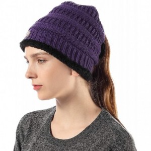 Skullies & Beanies Womens Ponytail Beanie Hats Warm Fuzzy Lined Soft Stretch Cable Knit Messy High Bun Cap - Purple - CK18IOY...